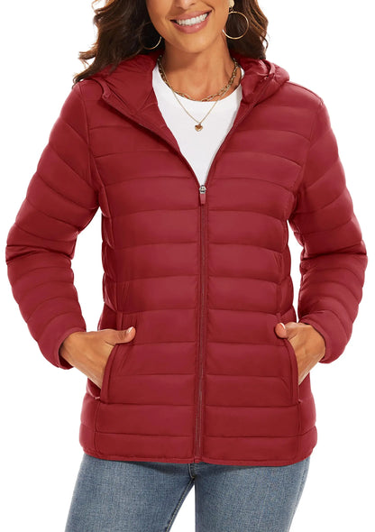 TACVASEN Chaqueta acolchada con capucha y cremallera completa para mujer, abrigos cálidos acolchados de invierno, cortavientos informal, prendas de vestir ligeras acolchadas para exteriores