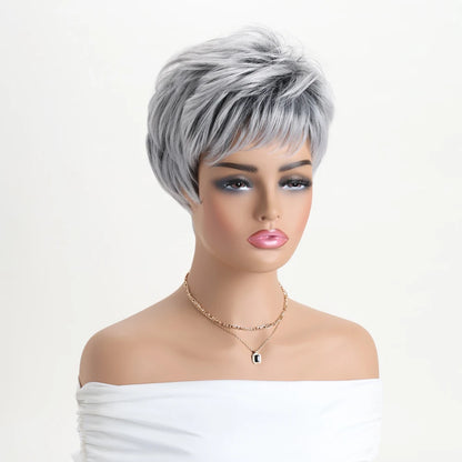 Pelucas naturales cortas con flequillo, pelo suave para mamá, uso diario, pelo sintético rizado corto gris ombré, peluca de fiesta para disfraz para mujer