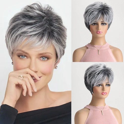 Pelucas naturales cortas con flequillo, pelo suave para mamá, uso diario, pelo sintético rizado corto gris ombré, peluca de fiesta para disfraz para mujer