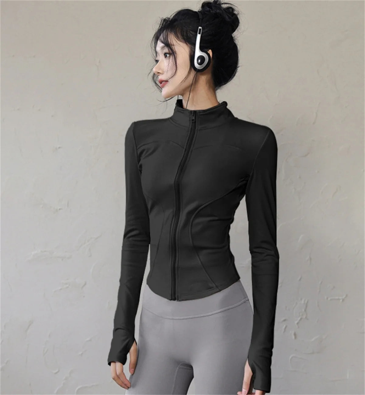 Chaqueta deportiva con cremallera para mujer, Top ajustado de manga larga para correr y Fitness, abrigo liso de secado rápido para Yoga, ropa informal sencilla