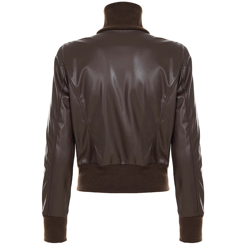 Chaqueta de cuero Pu estilo Safari con bolsillos ajustados, abrigos de manga larga con cremallera y cuello alto para mujer, ropa de calle Y2K para Otoño e Invierno 2025