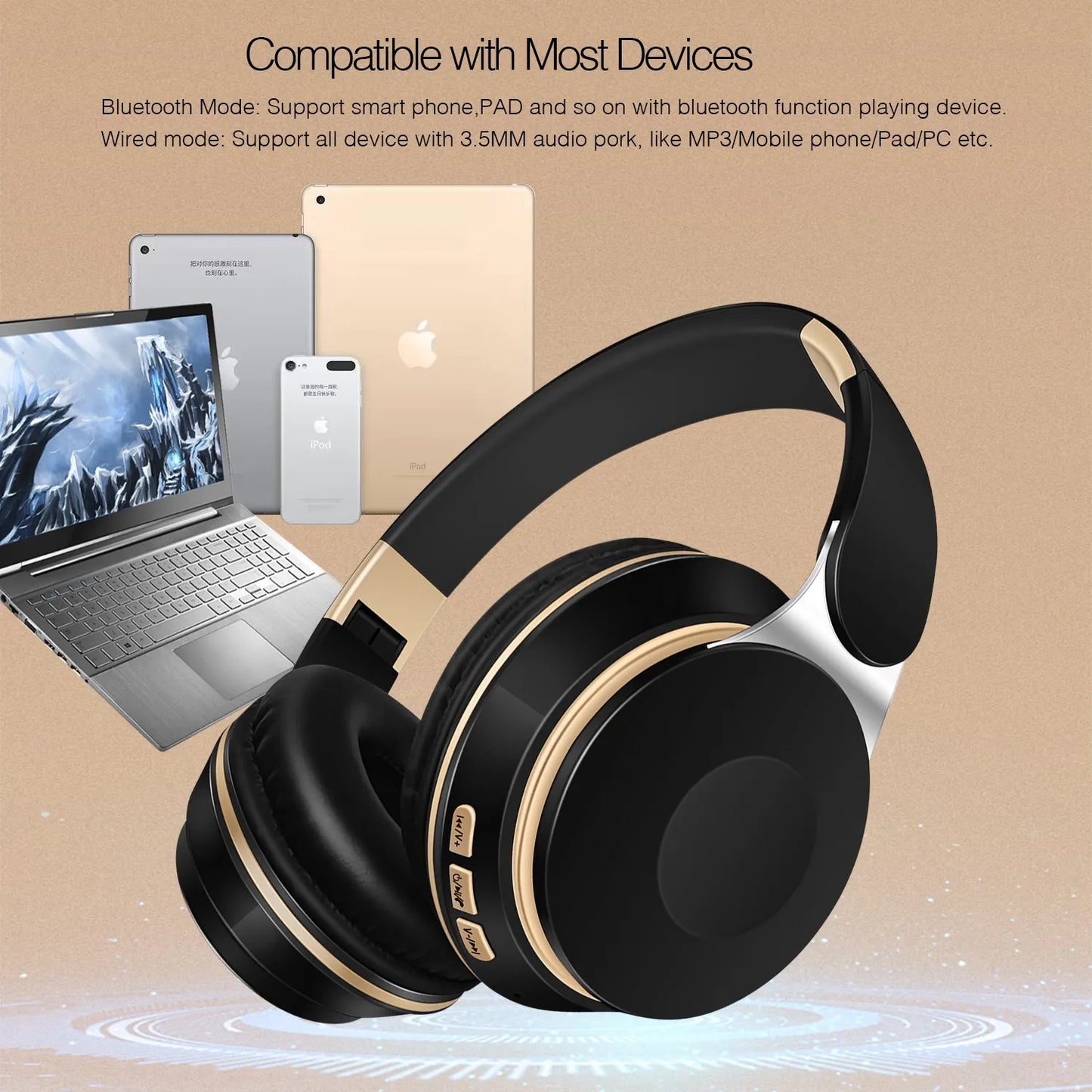 Bluetooth 2026 Wireless Headphones, On-Ear Stereo Headset with SD Card Support and Microphone for iPhone, Samsung, and Tablets