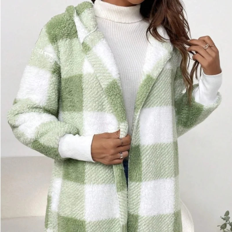 Cárdigan a cuadros de doble lana para mujer, chaqueta suave holgada de manga larga de felpa cálida con capucha, abrigo de retales para mujer, Otoño e Invierno