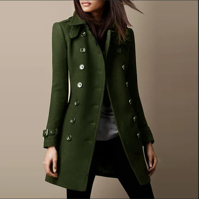 Women's Winter Wool Coats, Lapel Double Breasted Top Coat, Solid Color Slim Elegant Ladies Overcoat.