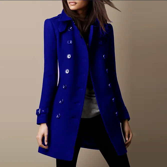 Women's Winter Wool Coats, Lapel Double Breasted Top Coat, Solid Color Slim Elegant Ladies Overcoat.