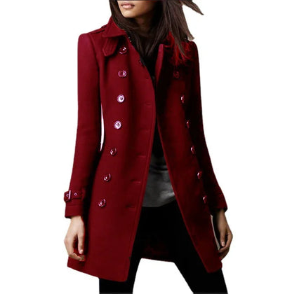 Women's Winter Wool Coats, Lapel Double Breasted Top Coat, Solid Color Slim Elegant Ladies Overcoat.