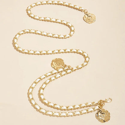 Cinturones de cadena de Metal de alta calidad para mujer, colgante de flor redonda, correa de cadena, cuerda, pretina fina para vestido, decoración de camisa.