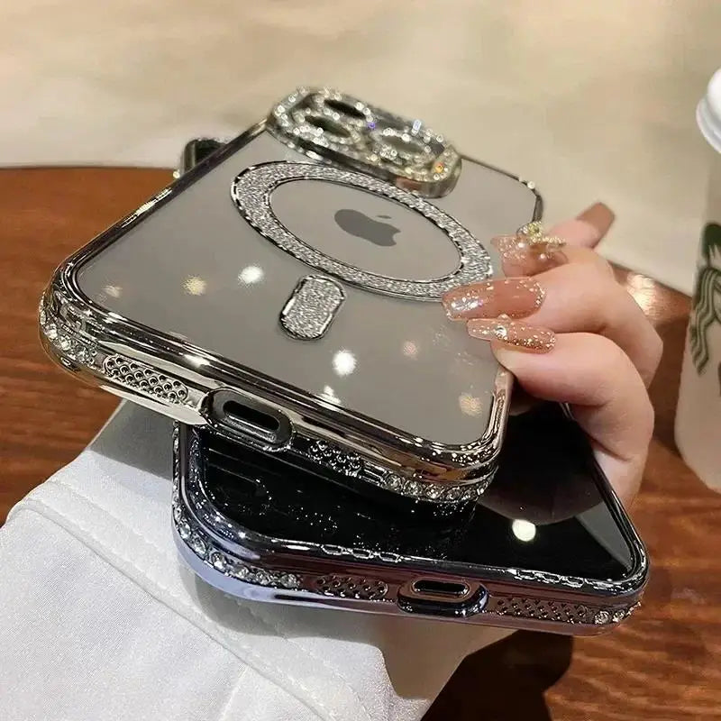 Luxury Bling Crystal Lens Film Case for iPhone 15 16 11 12 13 14 Pro Max 16 Plus Magsafe Magnetic Wireless Charging Clear Cover