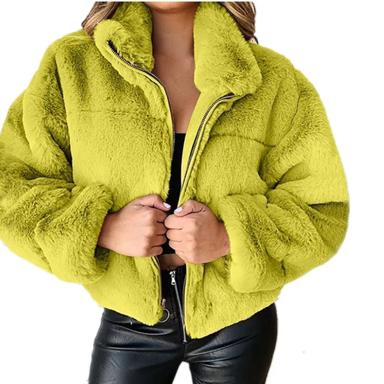 Chaqueta cálida de invierno para mujer, cárdigan con cremallera, piel sintética, moda, manga larga, cuello levantado, abrigo de felpa para mujer