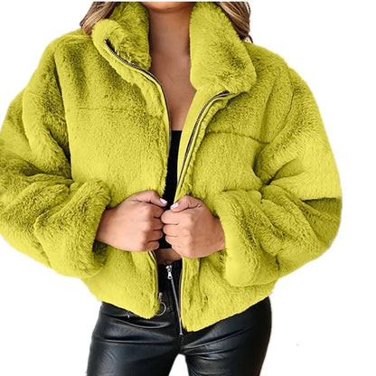 Chaqueta cálida de invierno para mujer, cárdigan con cremallera, piel sintética, moda, manga larga, cuello levantado, abrigo de felpa para mujer