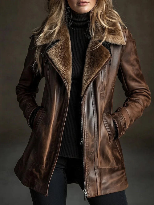 Chaqueta de piel sintética de invierno para mujer, abrigo informal grueso y cálido de terciopelo con cuello vuelto.