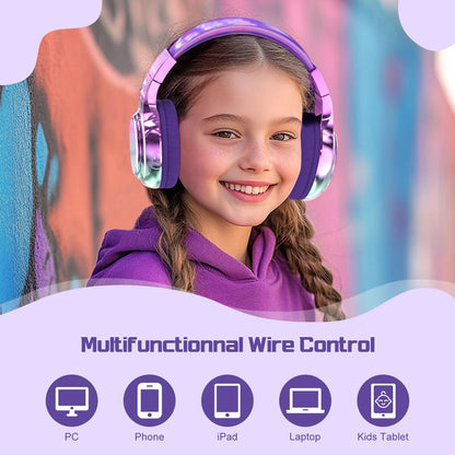 Kids Gradient Bluetooth Headphones, Wireless Over-Ear Headsets for Girls with Mic, Foldable Lightweight Headphones for School Travel
