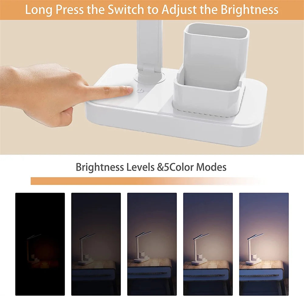 Lámpara de escritorio LED, lámpara de mesa plegable táctil regulable por USB con calendario, reloj de temperatura, luz nocturna para estudio, lámpara de lectura