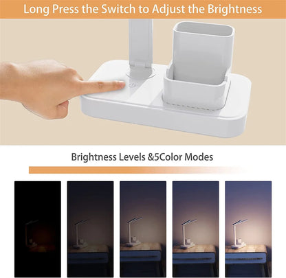 Lámpara de escritorio LED, lámpara de mesa plegable táctil regulable por USB con calendario, reloj de temperatura, luz nocturna para estudio, lámpara de lectura