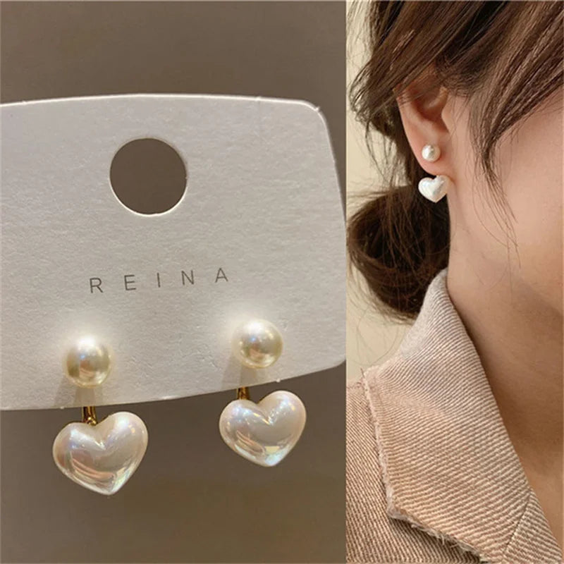 Pendientes coreanos de Metal en forma de corazón, pendientes colgantes en la espalda con perlas de cola de pez para mujeres y niñas, regalo de joyería elegante de cristal 2024