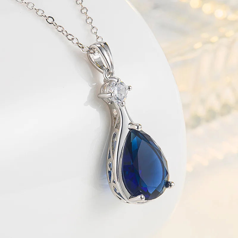 Luxury Necklace for Women, 925 Sterling Silver Jewelry Accessories, Waterdrop Shape Sapphire Zircon Gemstone Pendant, Wedding Party Gift