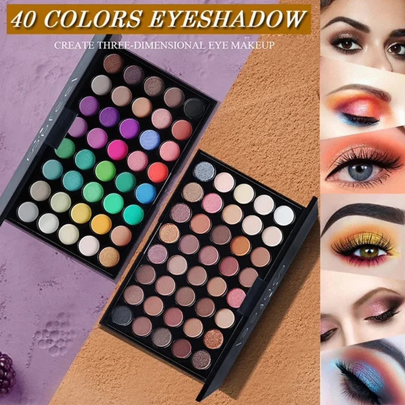Paleta de sombras de ojos con purpurina, 40 colores, mate, resistente al agua, polvo prensado de larga duración, Kit de cosméticos, paleta de maquillaje de ojos para mujer, moda