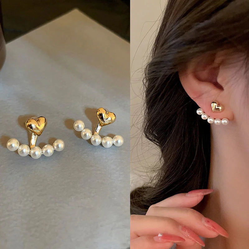 Pendientes coreanos de Metal en forma de corazón, pendientes colgantes en la espalda con perlas de cola de pez para mujeres y niñas, regalo de joyería elegante de cristal 2024