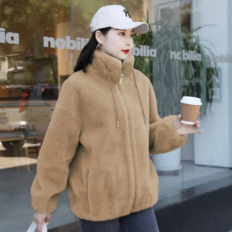 Abrigo cálido de lana Coral doble para mujer, abrigo grueso de felpa con cuello levantado, ropa informal de manga larga con cremallera a la moda para mujer